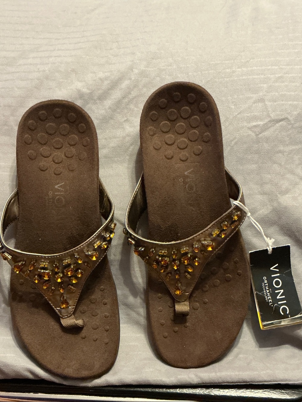 Vionic Brown Jeweled Toe-Post Sandals